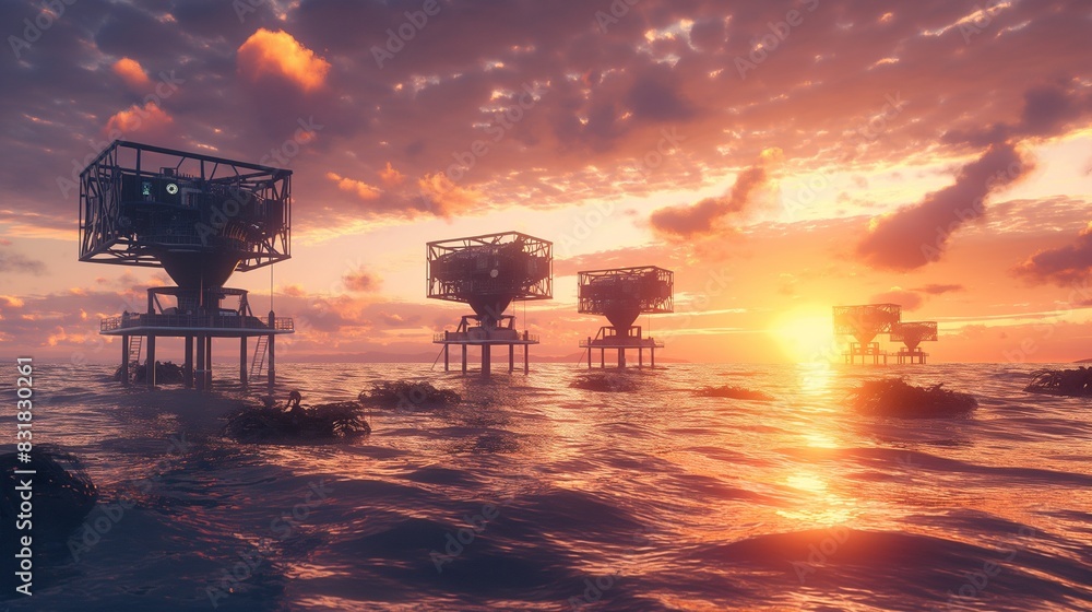 A network of tidal energy converters at a coastal site, shown during sunset with turbines partially submerged and harnessing wave power. A network of tidal energy converters at a coastal site, shown during sunset with turbines partially submerged and harnessing wave power.