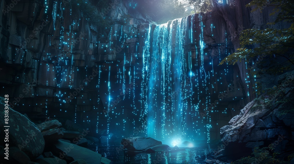 A cliffside waterfall glows with bioluminescent algae, casting ethereal light on surrounding rocks.