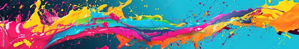 Colorful splash design with dynamic streaks on teal background.