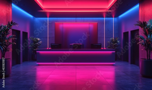 neon cyber futuristic themed lighting reception area as mockup wide banner with copy space - Generative AI