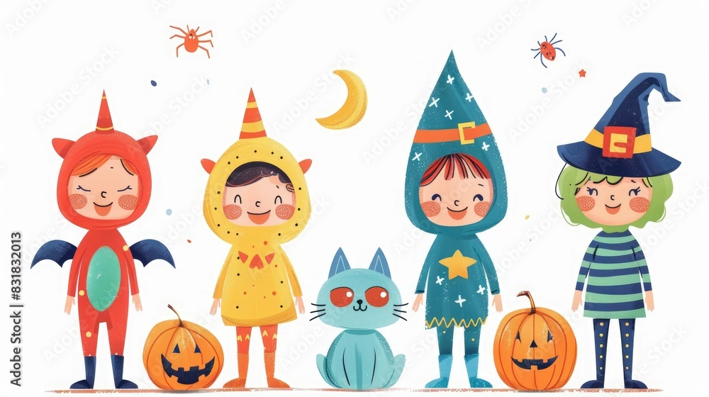 Illustration of happy children wearing various Halloween costumes, standing with jack-o'-lanterns and a blue cat.
