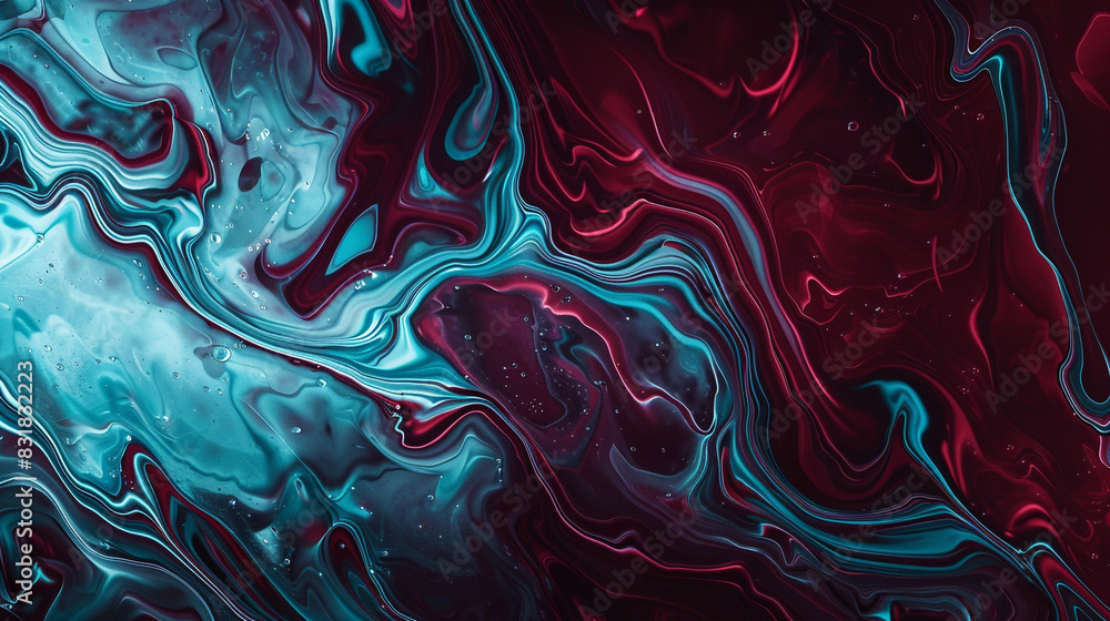 Obraz premium Abstract digital art in rich maroon and icy blue, capturing the essence of flowing oil paints,