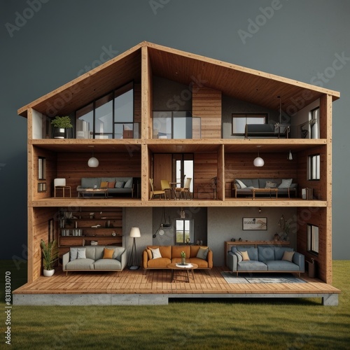 Modern home cross section  3d rendering minimalist