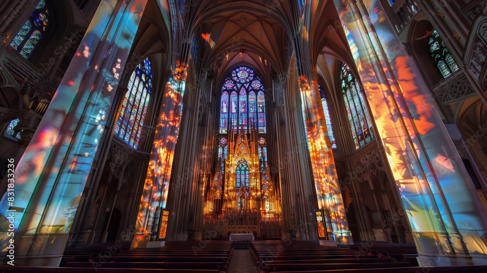 A Gothic cathedral, with intricate stained glass, casts dynamic, vibrant, and mesmerizing visual effects.