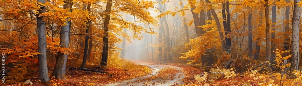 Foggy Autumn Forest with Golden Leaves