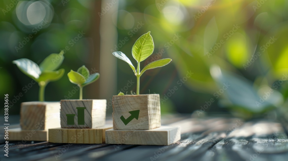 Seedlings Growing on Wooden Blocks with Icons Seedlings Growing on Wooden Blocks with Icons