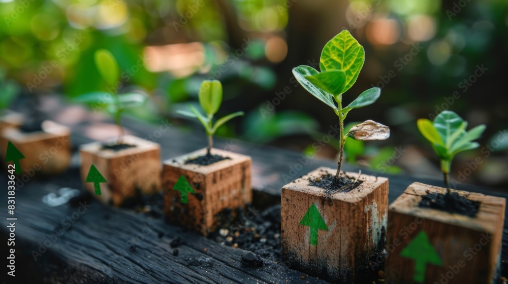 Seedlings Growing in Wooden Blocks with Arrows