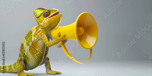 A happy chameleon holding a yellow megaphone, A color full chameleon. 