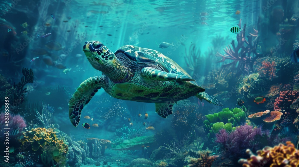 Sea Turtle Swimming in Vibrant Coral Reef Sea Turtle Swimming in Vibrant Coral Reef