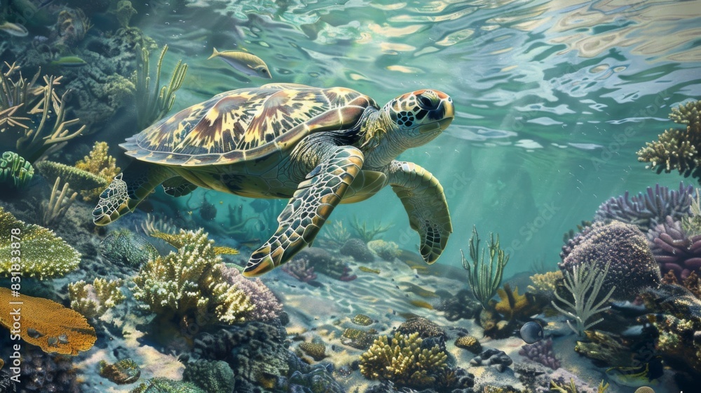 Fototapeta premium Sea Turtle Swimming Over Vibrant Coral Reef