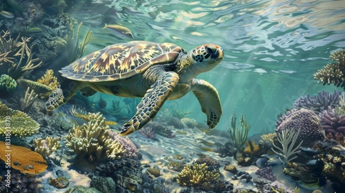 Sea Turtle Swimming Over Vibrant Coral Reef © kmmind