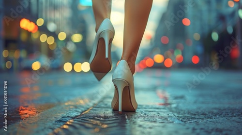 Detailed close-up of slender legs striding in high heels, highlighting the dynamic interaction between the shoes and the city pavement