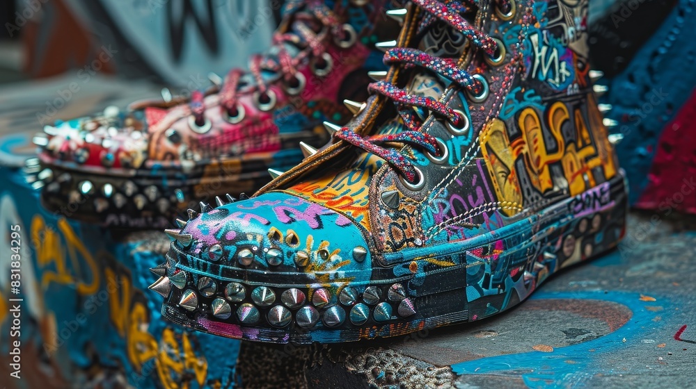 Close-up of vibrant punk-themed leather shoes with bold studs, spikes, and colorful graffiti-style designs Close-up of vibrant punk-themed leather shoes with bold studs, spikes, and colorful graffiti-style designs