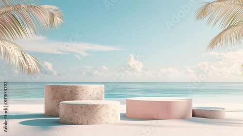 Tropical beach scene with stone podiums under palm fronds. Copy space. Generative AI 