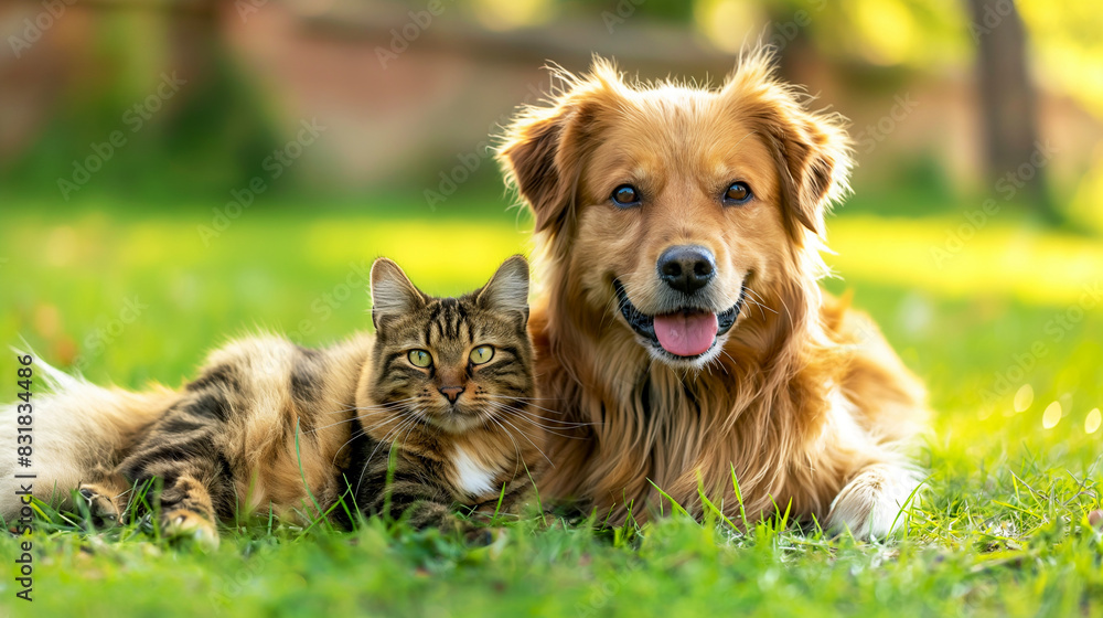 Cat and dog lying on grass in a sunny garden. Generative AI Cat and dog lying on grass in a sunny garden. Generative AI