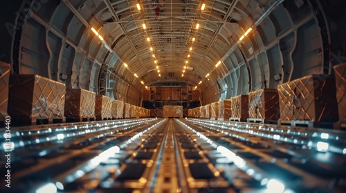 Close-up view of a commercial airplane's cargo area, showcasing containers being carefully loaded by logistics workers