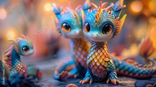 A charming art toy inspired by a whimsical dragon, featuring glittering scales and tiny wings. The front and back views highlight the dragon s detailed features, including its curling tail and photo