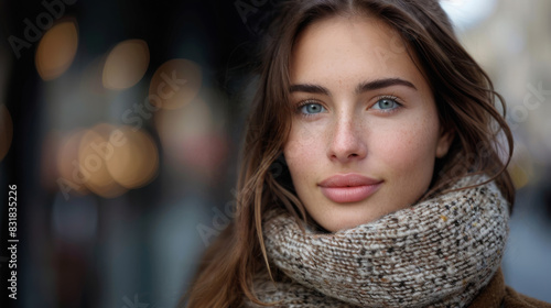 Wallpaper Mural Beautiful woman with a neutral colored neck scarf. Long brown hair. Outdoor portrait, downtown area. Looking at viewer. Torontodigital.ca