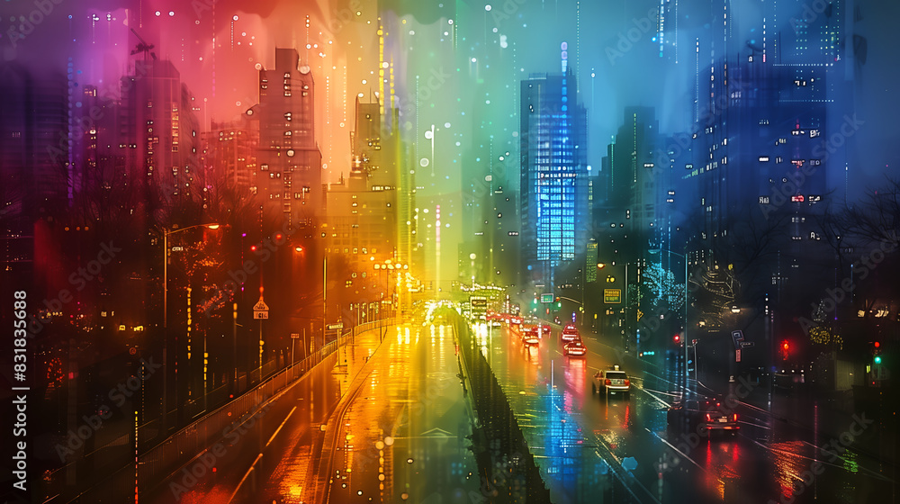A city street is illuminated by a spectrum of colorful lights, creating a dazzling urban scene.