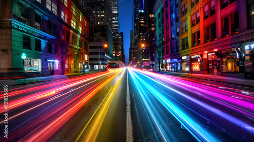 Time lapse photography of fast moving colorful vehicle lights on the road of a city.