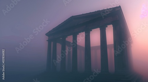 A Neo-Classical entablature with stoic pillars is beautifully captured in tranquil dawn fog, highlighting elegance. photo