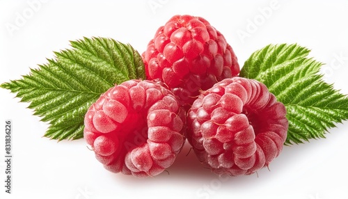 Berry raspberry top view green leaf creative idea healthy food, isolated on white background 