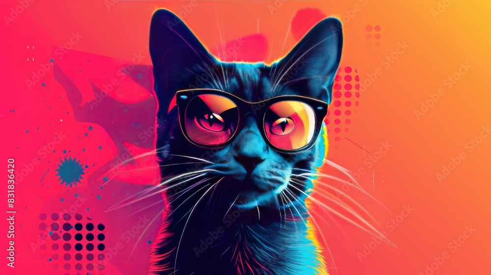 A cool cat wearing sunglasses against a vibrant, abstract background.