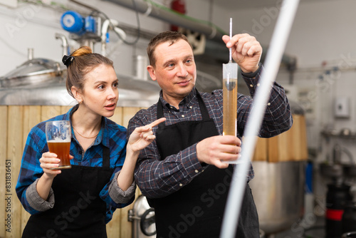 Tableau sur toile Experienced brewer with young female assistant controlling process of craft beer