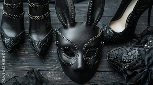 Macro view of a black rabbit mask, studded leather bracelets, high heels shoes, and a neck choker elegantly arranged on a black wooden table photo
