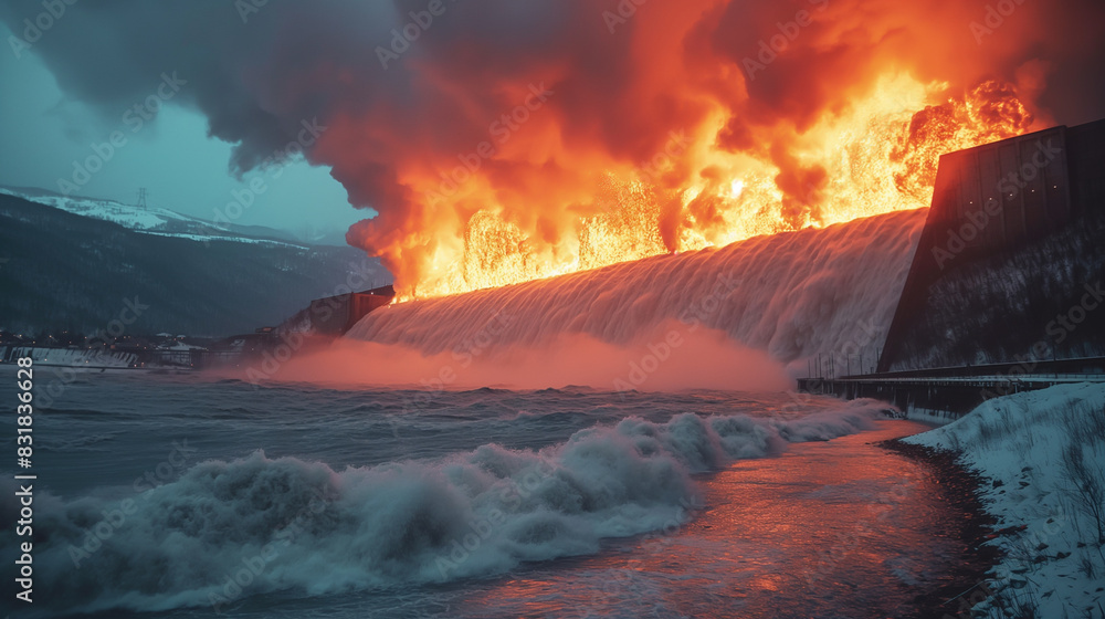 Naklejka premium A hydroelectric power plant exploded and caught fire.