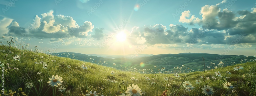 Fototapeta premium Beautiful natural rural field scenery with blooming daisy flower field in meadow in hilly countryside.