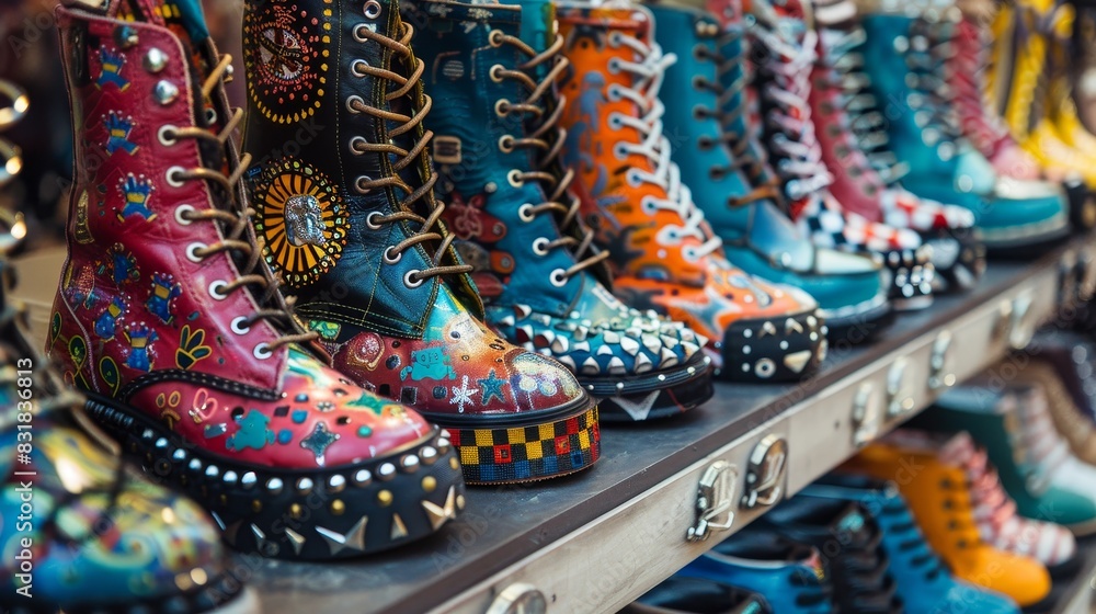 Fototapeta premium High-definition close-up of men's and women's punk-themed vintage shoes, featuring bold patterns, metal accents, and vibrant colors