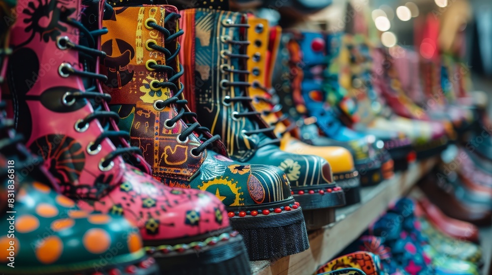Fototapeta premium High-definition close-up of men's and women's punk-themed vintage shoes, featuring bold patterns, metal accents, and vibrant colors