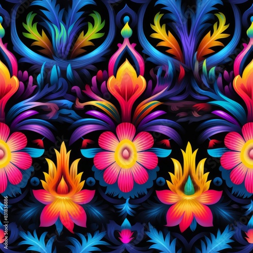 Guatemalan Jaspe Ikat bright floral pattern, vivid colors, traditional motifs, handwoven detail, symmetrical patterns, cultural textile art, high detail, 4K clarity © worawut