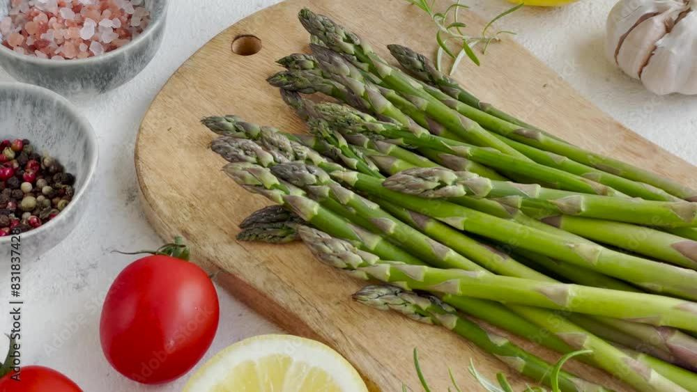 Fresh green asparagus lies on a wooden cutting board Fresh green asparagus lies on a wooden cutting board