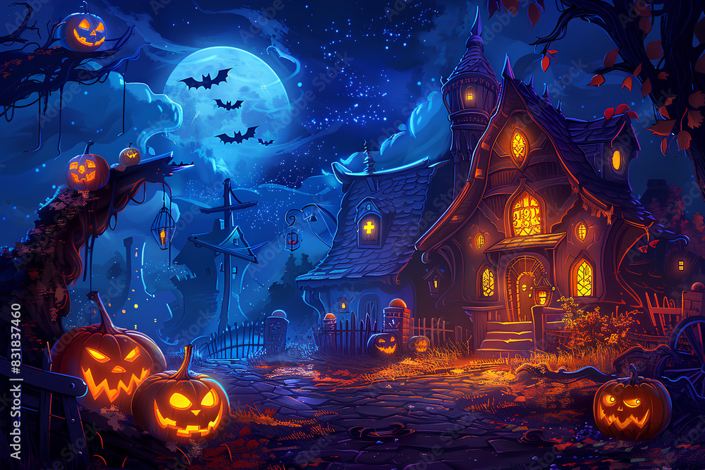 halloween festival illustration and background, Halloween night with trees, bats, houses, and pumpkins, vector, 3d rendering halloween festival illustration and background, Halloween night with trees, bats, houses, and pumpkins, vector, 3d rendering