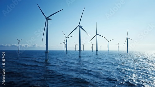 Wind Turbines Offshore: Capture offshore wind turbines spinning in the wind off the coast, demonstrating the potential of offshore wind farms to generate renewable energy while minimizing.
