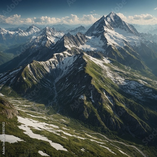 Design a breathtakingly realistic 2D depiction of a mountain range with snow-capped peaks  lush valleys  and detailed textures on rock faces.