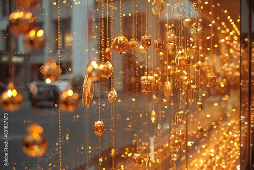 Golden jewelry in shop window display