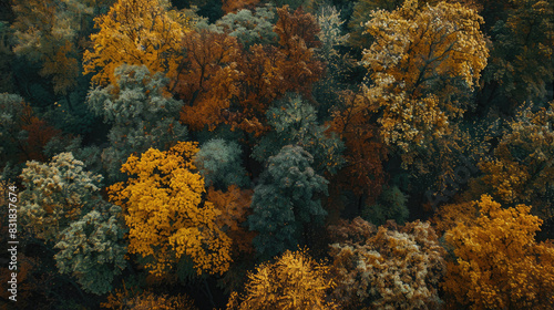 Aerial view of a densely packed forest with various shades of green and yellow trees
