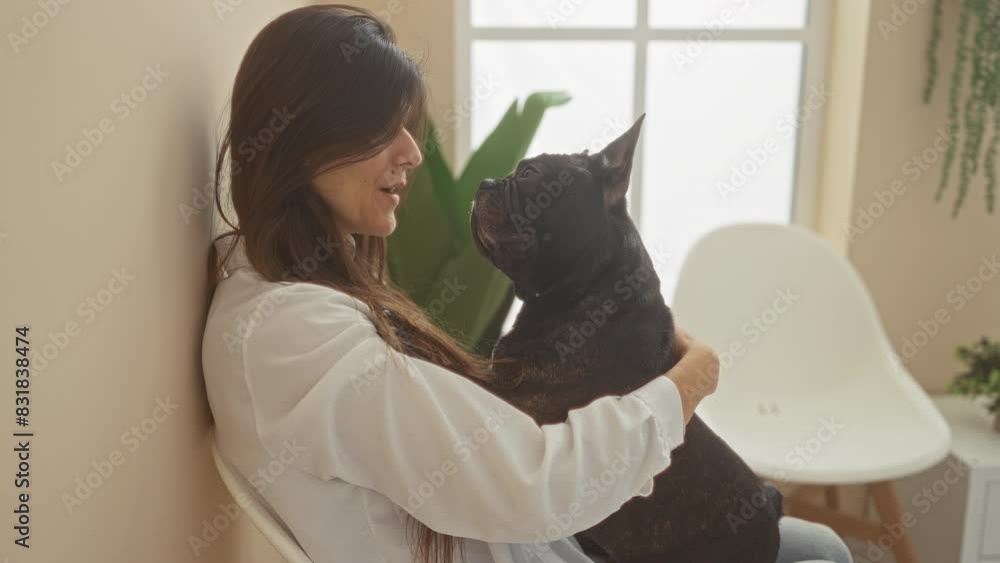 A young hispanic woman sitting indoors holding a french bulldog in a modern waiting room or vet clinic, showcasing a strong bond between the pet owner and her animal. A young hispanic woman sitting indoors holding a french bulldog in a modern waiting room or vet clinic, showcasing a strong bond between the pet owner and her animal.