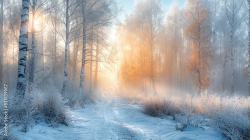 A stunning winter forest scene at sunrise with snow-covered trees and a misty atmosphere  creating a serene and tranquil landscape.