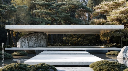 A polished white marble entablature floats above a serene Zen garden, blending elegance with tranquility.