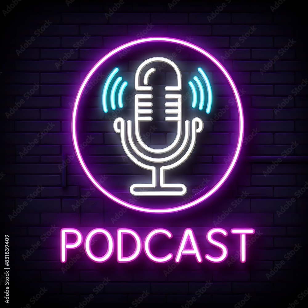 Neon sign with text Podcast and microphone icon on a business concepts Neon sign with text Podcast and microphone icon on a business concepts