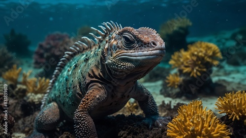 portrait of a medium marine iguana on a coral reef with a blurred background