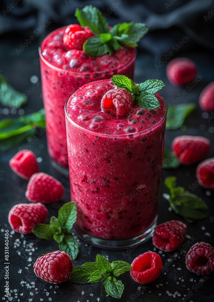 Raspberry Mint Smoothie - Deep red with fresh raspberries and mint leaves. 
