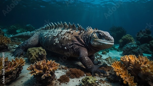 portrait of a medium marine iguana on a coral reef with a blurred background