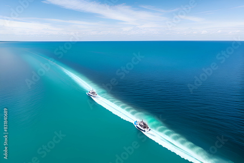 Aerial drone ultra wide photo of jet ski watercraft couple cruising in high speed in tropical exotic bay with turquoise sea photo