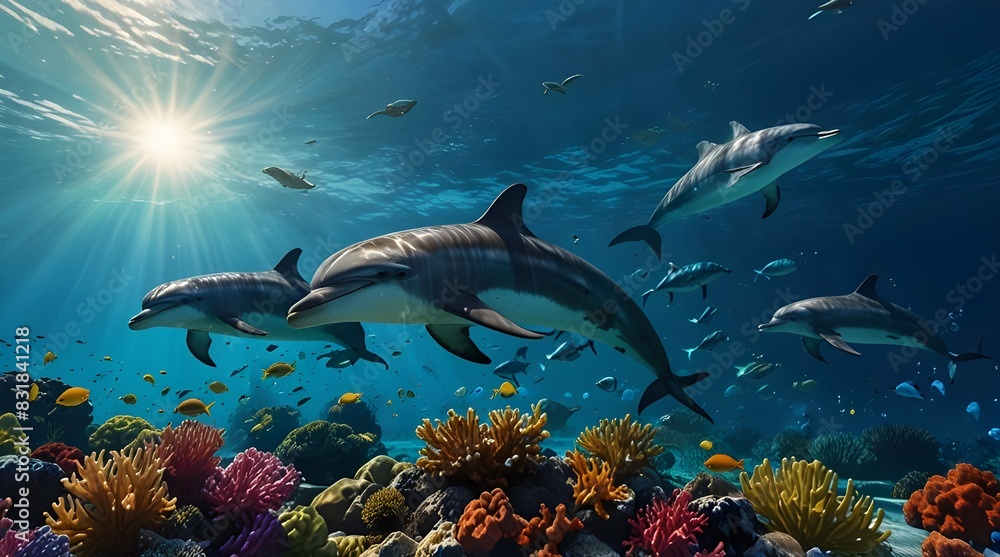 Fototapeta premium Playful Dolphins in Cora Reef vibrant underwater scene colorful marine life.generative.ai
