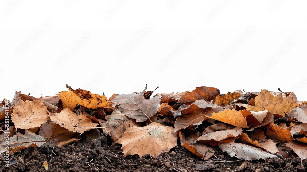 Isolated dirt pile covered with dry, brown leaves on a white background, showing intricate details and textures Isolated dirt pile covered with dry, brown leaves on a white background, showing intricate details and textures